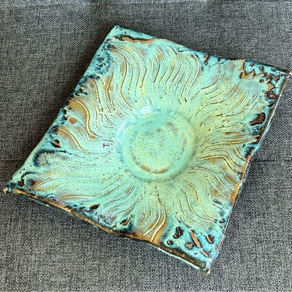 Handmade Other - Handmade Abstract Candle Holder Trinket Dish Decor Art Deco Aqua Brown